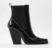 Zara Topstitched Black Patent Leather Western Boots Heeled Square Toe Slip On 5