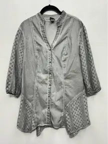 XCVI MIND SET Tunic Top Large Grey Crochet Trim Asymmetrical Boho Hippie V Neck