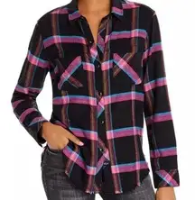 Rails Leo Long Sleeve Plaid Flannel Button Up Shirt Top Onyx Magenta Cayenne S