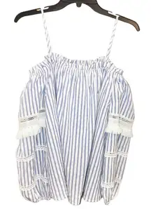 SugarLips Boho Cold‎ Shoulder Tassel Lace Stripe Top Blue White XS