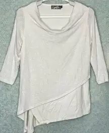 Sympli White Asymmetric Hem Layered Draped Neck 3/4 SLeeve Top Size 6