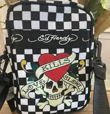 Ed Hardy  BLK/WHITE CHECKERED CROSSBODY ZIPPERED BAG