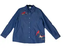 Blair Large Blue Denim Embroidered Button‎ Top Cardinals Birds Pockets Roll Tab