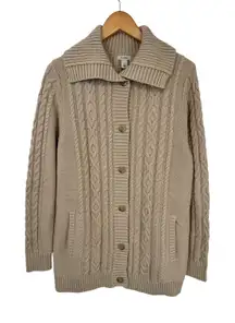 LL Bean Button Front Cable Knit Cardigan Sweater Women L Tan Cotton Shawl Collar