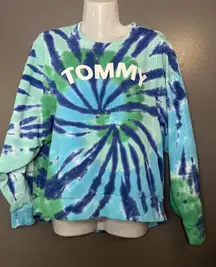 Tommy Hilfiger Sweatshirt Womens Medium Blue Green Tie Dye TOMMY Logo Crewneck