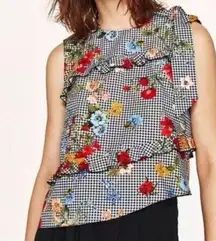Zara Black & White Gingham Flora Asymmetrical Ruffle Hem Top