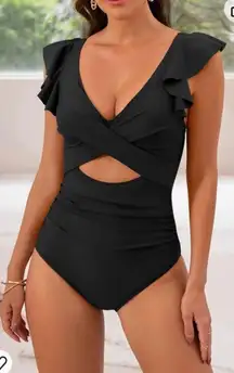 One Piece Swimsuit Ruffle Cutout Slimming Tummy Control V Neck Wrap