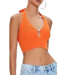 Forever 21  Butterfly Charm Ribbed Crop Top Halter Keyhole Open Back Orange L