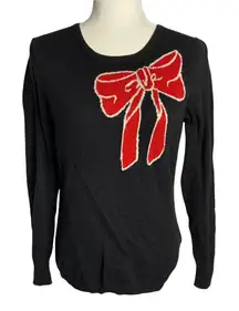 Tommy Hilfiger Knit Bow Sweater M Black Pullover Crewneck Stretch