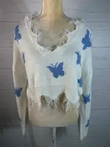 Just Polly Butterfly Frayed Cropped Sweater Cute Soft Size L