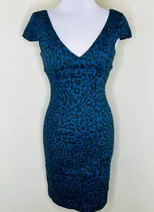 Denim Sheath Dress 4 Navy Blue Black Leopard Print V-Neck Cap Sleeve