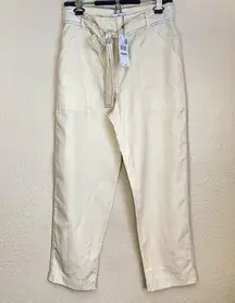 Mango NWT  Cotton Linen blend Trousers belted high waist pants size 6