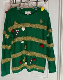 Merry Christmas Poof NY Super Ugly Sweater Women’s Large Dangle Pom Pom Sparkly