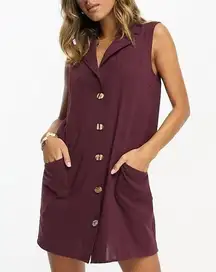 ASOS DESIGN vest mini dress burgundy sleeveless button down collar pockets