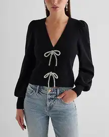 V-Neck Embellished Bow Cardigan