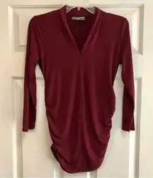 A Pea in the Pod Burgundy Red, V-neck, Stretch,  Ruching on the Sides Blouse