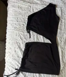 2 Piece Outfit One Shoulder Asymmetrical Hem Crop Top and Mini Skirt Set