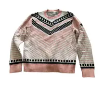 ROXY Pink Chevron Stripe Knit Sweater Pullover Crew Neck Long Sleeve Women M