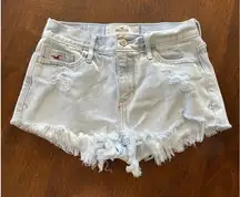 Hollister High Rise Distressed Festival Fray Hem Cut Off Shorts Light Wash Sz 25