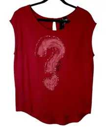 Desigual Cabernet‎ Red Sleeveless Top Tee Sequins Question Mark Why? Size Large
