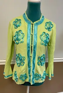Vintage  Cardigan Sweater Women’s Small Green & Blue‎ Floral Beaded Sequin