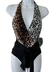 NINE WEST Women's S Tie Front Animal Print 1-Pc Swimsuit Zebra Leopard