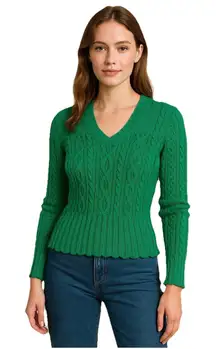VTG Leslie Fay Sweater Size 10 Green Crochet V Neck Pointelle