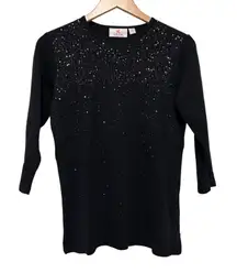 Quacker Factory Black Sequin 3/4 Sleeve Shirt Sz XS