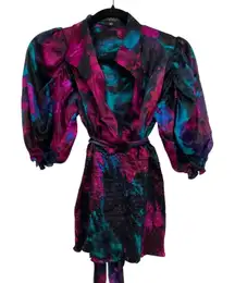 ABS Collection Silk Pink & Blue Floral Puff Sleeve Blouse Womens S Maximalist