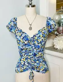 Ruched Floral Ribbed Cap Sleeve Top Blue Yellow Green Flowers Medium