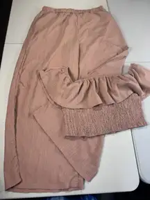 Shein XL‎ Two Piece Set Crop Top Wide Leg Pants Ruffle Smocked Pink Casual