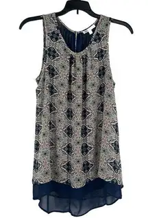 DR2 Daniel Rainn Boho Tank Top Blue Chiffon Layered Mixed Pattern Flowy Size M