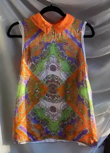 ALLEN SCHWARTZ Abstract Orange Collar Tank Top Medium Groovy Silky Boho Fest Y2K