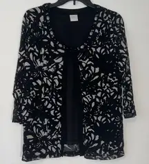 Emma James Black and Gray Floral Blouse Sheer‎ Overlay Cardigan M