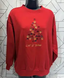 Basic Editions Sweatshirt Womens Large Red Christmas Embroidered Fleece Vintage