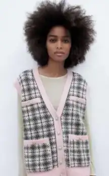 Zara Pink Green Plaid Knot Vest Pearl Buttons Small Preppy