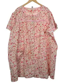 PINK 3X Pink Floral Short Sleeve Button Front Nightgown Dress Pockets