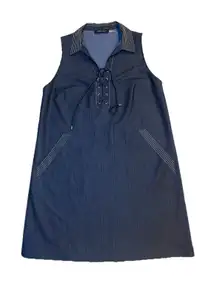 Ivanka Trump Womens Denim Collared Embroidered Lace Up Sheath Dress Sz 14 Petite