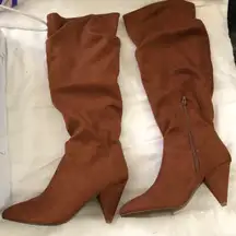 Express brown suede knee high boho slouchy ruched heeled 3.5” cone heels boot Size 8 zipper closure.   Like new, excellent condition