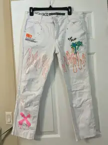 Reason 32 White Skinny Jeans with a unique, distressed look orange flame pink x and palm trees 