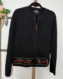 Woolrich Black Full‎ Zip Cardigan Embroidered Flowers Sweater Size Large