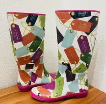 COACH F2460 Pammie Hang Tags Printed Colorful Fun Rain Boots Rubber Size 9B