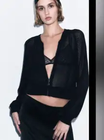 Zara Black Mesh Knit Bomber Jacket Size Small Zip Front Lightweight 2308/010