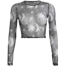 Women Mesh Long Sleeve See Through Top