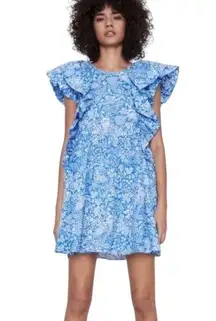 NWT Zara Cotton Floral Print Ruffle Short Sleeve Mini Dress in Blue/White