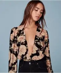 Reformation  Floral Bodysuit Long Sleeve deep V-neck Plunge Blouse NWT