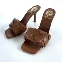 Vince Camuto Brown Woven Leather Brelanie Heeled Square toe Sandals Size 6.5 M