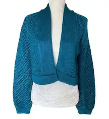 Handmade Womens Handcrafted Chunky Knit Crop Sweater Size M Open Front Turquoise