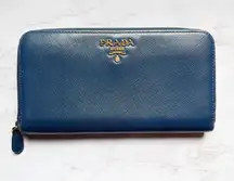 PRADA Saffiano Leather Navy Blue Large Zip Around Wallet Zippy Gold Logo