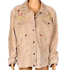 CHICO’s 100% Suede Leather jacket w/colorful embellishments. Size “3”=XL/16.VGUC